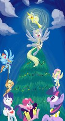 Size: 656x1218 | Tagged: safe, artist:aliasforrent, applejack, derpy hooves, fluttershy, pinkie pie, rainbow dash, rarity, twilight sparkle, pegasus, pony, g4, christmas, christmas tree, clothes, female, hearth's warming eve, hilarious in hindsight, mane six, mare, present, scarf, tree