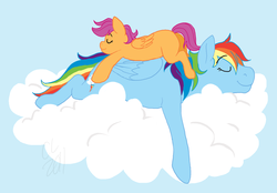 Size: 1394x970 | Tagged: safe, artist:cartoonlion, rainbow dash, scootaloo, pegasus, pony, g4, cloud, eyes closed, female, filly, lying down, lying on a cloud, mare, prone, simple background, sky, sleeping