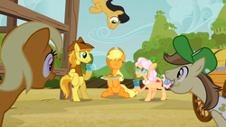 Size: 1600x900 | Tagged: safe, screencap, applejack, braeburn, earth pony, pony, g4, :3, faic, female, male, mare, stallion