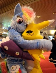 Size: 900x1173 | Tagged: safe, artist:vampire--kitteh, rainbow dash, renamon, g4, cosplay, digimon, duo, fursuit, hug, irl, photo