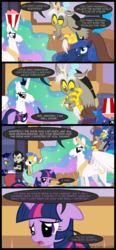 Size: 650x1400 | Tagged: safe, artist:mixermike622, discord, princess celestia, princess luna, twilight sparkle, alicorn, draconequus, human, pony, unicorn, g4, clothes, comic, crying, dan, dan vs, dan vs fim, female, horn, jewelry, male, mare, night guard, regalia, royal guard, stallion, unicorn twilight