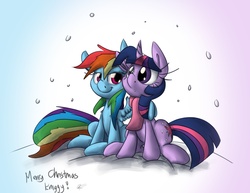 Size: 3075x2375 | Tagged: safe, artist:leadhooves, rainbow dash, twilight sparkle, g4, colored, female, hearth's warming eve, lesbian, ship:twidash, shipping, snow, snowfall, snowflake