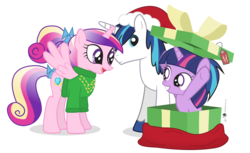 Size: 1700x1040 | Tagged: safe, artist:dm29, princess cadance, shining armor, twilight sparkle, g4, clothes, cute, hat, present, santa hat, simple background, sweater, transparent background, trio