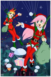 Size: 1673x2534 | Tagged: safe, artist:shoxxe, colorist:phallen1, fluttershy, rainbow dash, human, g4, christmas, humanized, parachute, skydiving