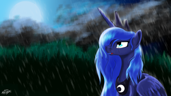 Size: 1024x576 | Tagged: safe, artist:playfulpossum, princess luna, pony, g4, female, rain, solo, wet mane