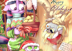 Size: 1400x1000 | Tagged: safe, artist:siden, derpy hooves, spike, twilight sparkle, anthro, competition:derpibooru 2012, g4, christmas, muffin