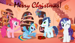 Size: 1179x677 | Tagged: safe, artist:thunderelemental, pinkie pie, rainbow dash, rarity, soarin', g4, christmas, clothes, female, hearth's warming eve, male, mistletoe, present, scarf, ship:soarindash, shipper on deck, shipping, straight