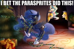 Size: 960x640 | Tagged: safe, artist:aurarrius, edit, princess celestia, princess luna, alicorn, pony, g4, caption, christmas, christmas lights, christmas tree, hearth's warming, reaction image, royal guard, tree