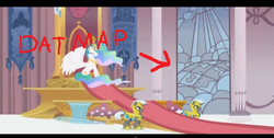 Size: 691x347 | Tagged: safe, edit, edited screencap, screencap, princess celestia, alicorn, pony, unicorn, g4, canterlot throne room, equestria, ethereal mane, female, male, map, mare, mind blown, royal throne room, stallion, theme song