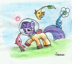 Size: 1391x1236 | Tagged: safe, artist:gachucho, twilight sparkle, pikmin, pony, unicorn, g4, astronaut, blue pikmin, captain olimar, crossover, female, in command, mare, parody, pikmin (series), red pikmin, spacesuit, traditional art, unicorn twilight, yellow pikmin