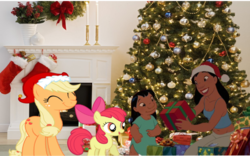Size: 900x563 | Tagged: safe, artist:brion24, apple bloom, applejack, earth pony, pony, g4, christmas, christmas tree, crossover, hearth's warming eve, irl, lilo and stitch, mele kalikimaka, photo, ponies in real life, tree, vector