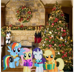 Size: 587x571 | Tagged: safe, applejack, fluttershy, rainbow dash, rarity, pony, g4, christmas, christmas tree, hearth's warming eve, irl, photo, ponies in real life, present, tree, vector
