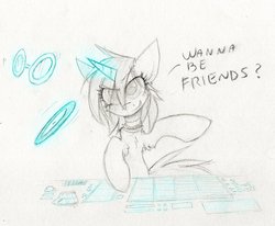 Size: 986x811 | Tagged: safe, artist:the--cloudsmasher, dj pon-3, vinyl scratch, pony, g4, glasses, magic, record, sketch, solo, traditional art, turntable