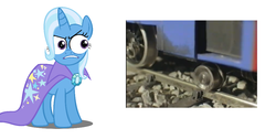 Size: 1013x512 | Tagged: safe, trixie, g4, sir handel, special eyes, that pony sure does hate wheels, thomas the tank engine, wheel