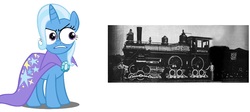 Size: 1064x477 | Tagged: safe, trixie, pony, unicorn, g4, female, locomotive, mare, photo, special eyes, steam locomotive, train, wheel, wheels trixie