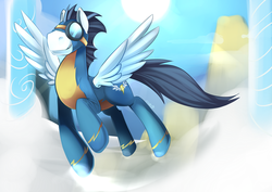 Size: 1024x724 | Tagged: safe, artist:ende26, soarin', pony, g4, goggles, male, solo, wonderbolts uniform