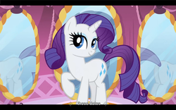 Size: 1024x640 | Tagged: safe, edit, edited screencap, screencap, rarity, pony, unicorn, apple family reunion, g4, butt, caption, female, intro, letterboxing, mare, mirror, plot, solo, text, youtube caption