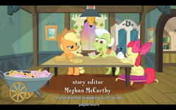 Size: 1024x640 | Tagged: safe, edit, edited screencap, screencap, apple bloom, applejack, granny smith, pony, apple family reunion, g4, caption, female, filly, foal, letter, letterboxing, mare, sitting, text, youtube caption