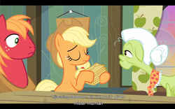 Size: 1024x640 | Tagged: safe, screencap, applejack, big macintosh, granny smith, earth pony, pony, apple family reunion, g4, apple family traffic light, letterboxing, male, stallion, youtube caption