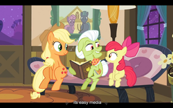Size: 1024x640 | Tagged: safe, screencap, apple bloom, applejack, granny smith, apple family reunion, g4, letterboxing, youtube caption