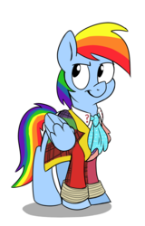 Size: 448x700 | Tagged: safe, artist:jaybugjimmies, artist:spainfischer, doctor whooves, rainbow dash, time turner, pegasus, pony, g4, 20% cooler, clothes, cosplay, cravat, doctor who, fashion disaster, frock coat, rainbow dash always dresses in style, shirt, simple background, sixth doctor, solo, the explosion in a rainbow factory, transparent background, waistcoat