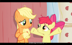 Size: 1024x640 | Tagged: safe, edit, edited screencap, screencap, apple bloom, applejack, earth pony, pony, apple family reunion, g4, bed, caption, female, filly, letterboxing, mare, on back, pillow, youtube caption