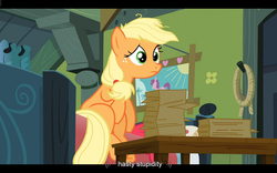 Size: 1024x640 | Tagged: safe, screencap, applejack, apple family reunion, g4, hatless, letterboxing, missing accessory, youtube caption