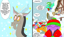 Size: 2538x1488 | Tagged: safe, artist:mattwilson83, derpy hooves, discord, pegasus, pony, g4, chaotic, christmas, comic, female, hearth's warming eve, mare, rush, shopping