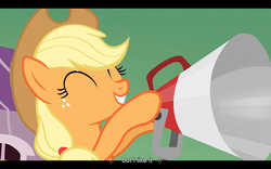 Size: 1024x640 | Tagged: safe, screencap, applejack, apple family reunion, g4, letterboxing, megaphone, youtube caption