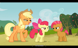 Size: 1024x640 | Tagged: safe, edit, edited screencap, screencap, apple bloom, applejack, babs seed, earth pony, pony, apple family reunion, g4, bedroom eyes, caption, female, implied incest, letterboxing, lidded eyes, text, youtube caption