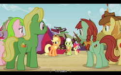 Size: 1024x640 | Tagged: safe, edit, edited screencap, screencap, apple bloom, applejack, braeburn, candy apples, granny smith, red gala, wensley, earth pony, pony, apple family reunion, g4, butt, caption, confession, female, filly, foal, letterboxing, male, mare, plot, racist barn, stallion, text, youtube caption