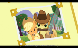 Size: 1024x640 | Tagged: safe, edit, edited screencap, screencap, applejack, braeburn, pony, apple family reunion, g4, caption, catherine the great, hammer, letterboxing, mouth hold, nail, nato, text, youtube caption