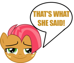 Size: 1070x920 | Tagged: safe, babs seed, g4, simple background, solo, speech bubble, that's what she said, transparent background, twss