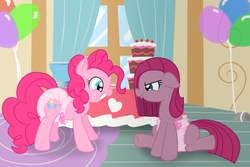 Size: 1350x900 | Tagged: safe, artist:fillyscoots42, pinkie pie, earth pony, pony, g4, my little pony: friendship is magic, party of one, balloon, diaper, diaper fetish, diapered, female, mare, non-baby in diaper, party, pie, pink, pinkamena diane pie, poofy diaper, show accurate, sitting, sugarcube corner