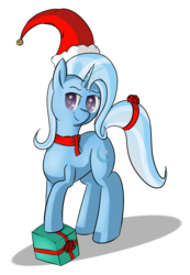 Size: 1167x1690 | Tagged: safe, artist:michix-papertrash, trixie, pony, unicorn, g4, clothes, female, hat, mare, present, santa hat, scarf, simple background, smiling, transparent background