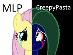 Size: 283x213 | Tagged: safe, fluttershy, g4, blood, creepy, creepypasta, crying, hilarious in hindsight, inverted colors, looking down, sad