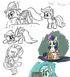 Size: 747x818 | Tagged: safe, artist:bambooharvester, bon bon, daring do, lyra heartstrings, rainbow dash, rarity, scootaloo, sweetie drops, g4, sketch dump