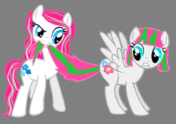 Size: 703x499 | Tagged: safe, artist:mlphistorian, blossomforth, earth pony, pegasus, pony, g3, g4, biting, duo, duo female, female, g3 to g4, generation leap, gray background, mare, meeting, simple background, tail, tail bite