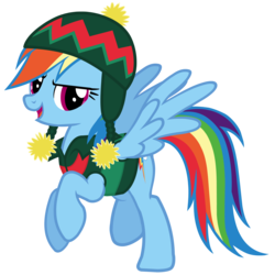 Size: 2300x2300 | Tagged: safe, rainbow dash, pegasus, pony, g4, official, bolivian hat, christmas, clothes, female, flying, hat, hearth's warming eve, jacket, looking at you, mare, raised hoof, scarf, simple background, solo, spread wings, transparent background, vector, winter