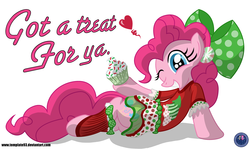 Size: 4350x2600 | Tagged: safe, artist:template93, pinkie pie, earth pony, pony, g4, bow, clothes, cupcake, female, hair bow, heart, one eye closed, solo, text, wink