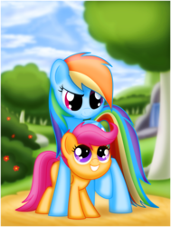 Size: 702x930 | Tagged: safe, artist:ctb-36, rainbow dash, scootaloo, pegasus, pony, g4, bush, cloud, cute, cutealoo, duo, duo female, female, filly, flower, looking at someone, mare, path, scootalove, sibling love, sisterly love, sky, smiling, tree