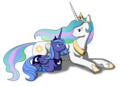 Size: 900x643 | Tagged: safe, artist:shadowolfozo, princess celestia, princess luna, g4, prone, s1 luna, simple background, transparent background