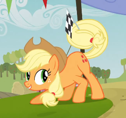 Size: 290x271 | Tagged: safe, screencap, applejack, earth pony, pony, apple family reunion, g4, checkered flag, cropped, crouching, female, flag, lowres, mare, presenting, solo, tail hold