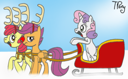 Size: 600x371 | Tagged: safe, artist:twitterfulpony, apple bloom, scootaloo, sweetie belle, pony, reindeer, g4, cutie mark crusaders, sleigh