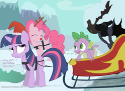 Size: 900x652 | Tagged: safe, artist:diegotan, pinkie pie, spike, twilight sparkle, g4, antlers, christmas lights, dialogue, eyes closed, hat, red nose, santa hat, sleigh, snow, trio