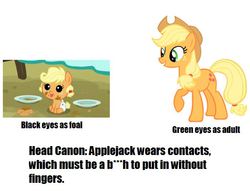 Size: 701x536 | Tagged: safe, applejack, g4, babyjack, fanon, female, filly, foal, green eyes, headcanon, messy, op has an opinion, orange coat, raised hoof, simple background, text, theory, white background, yellow hair, yellow mane