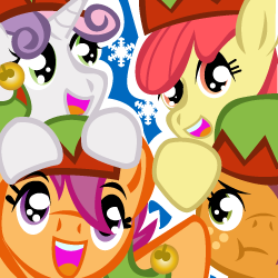 Size: 250x250 | Tagged: safe, artist:ladypixelheart, apple bloom, babs seed, scootaloo, sweetie belle, g4, christmas, cutie mark crusaders, elf hat, happy, hat, smiling