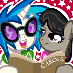 Size: 250x250 | Tagged: safe, artist:ladypixelheart, dj pon-3, octavia melody, vinyl scratch, g4, book, caroling, christmas, singing