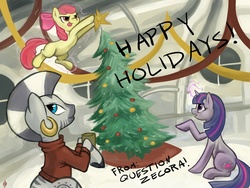 Size: 1200x900 | Tagged: safe, artist:halley-valentine, apple bloom, twilight sparkle, zecora, zebra, ask zecora, g4, ask, christmas, christmas tree, hearth's warming eve, tree, tumblr