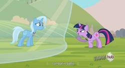 Size: 1571x861 | Tagged: safe, screencap, trixie, twilight sparkle, g4, hub logo, youtube caption, youtube link